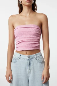TRENDYOLMİLLA Pink Strapless Shirred Flexible Knitting Blouse - Image 4
