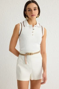 TRENDYOLMİLLA Ecru Polo Shirt Collar Color Bloklu Blouse - Image 5