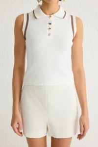 TRENDYOLMİLLA Ecru Polo Shirt Collar Color Bloklu Blouse - Image 7