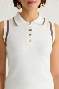 TRENDYOLMİLLA Ecru Polo Shirt Collar Color Bloklu Blouse - Image 8