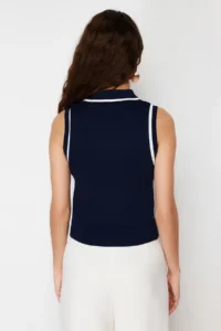 TRENDYOLMİLLA Navy Blue Polo Shirt Collar Color Bloklu Blouse - Image 10
