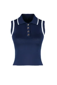 TRENDYOLMİLLA Navy Blue Polo Shirt Collar Color Bloklu Blouse - Image 11