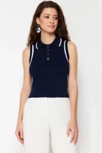 TRENDYOLMİLLA Navy Blue Polo Shirt Collar Color Bloklu Blouse - Image 5