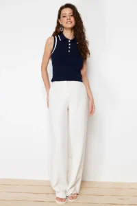 TRENDYOLMİLLA Navy Blue Polo Shirt Collar Color Bloklu Blouse - Image 6