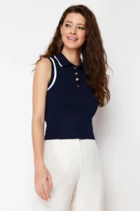 TRENDYOLMİLLA Navy Blue Polo Shirt Collar Color Bloklu Blouse - Image 7