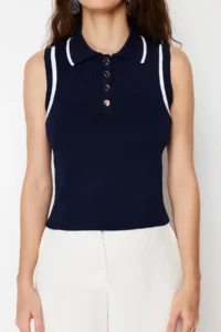 TRENDYOLMİLLA Navy Blue Polo Shirt Collar Color Bloklu Blouse - Image 9
