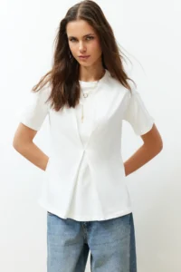 TRENDYOLMİLLA Ecru Front Pleat Detailed Regular/Normal Pattern Crew Neck Knitting Blouse - Image 2