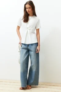 TRENDYOLMİLLA Ecru Front Pleat Detailed Regular/Normal Pattern Crew Neck Knitting Blouse - Image 3
