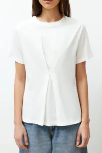 TRENDYOLMİLLA Ecru Front Pleat Detailed Regular/Normal Pattern Crew Neck Knitting Blouse - Image 5