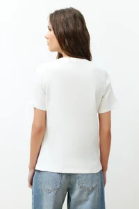 TRENDYOLMİLLA Ecru Front Pleat Detailed Regular/Normal Pattern Crew Neck Knitting Blouse - Image 6