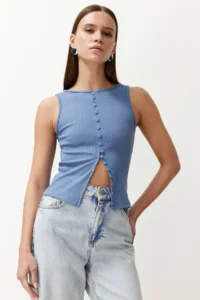 TRENDYOLMİLLA Indigo buttoned Fitted Ribbed Flexible Knitting Blouse