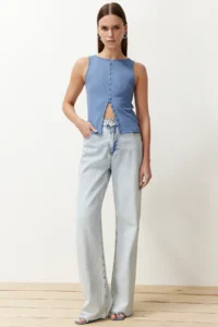 TRENDYOLMİLLA Indigo buttoned Fitted Ribbed Flexible Knitting Blouse - Image 2