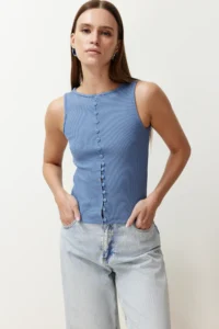 TRENDYOLMİLLA Indigo buttoned Fitted Ribbed Flexible Knitting Blouse - Image 3