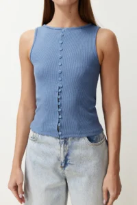 TRENDYOLMİLLA Indigo buttoned Fitted Ribbed Flexible Knitting Blouse - Image 5