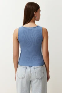 TRENDYOLMİLLA Indigo buttoned Fitted Ribbed Flexible Knitting Blouse - Image 6