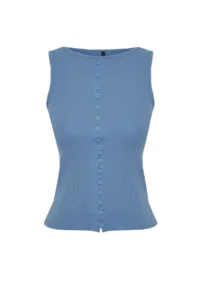 TRENDYOLMİLLA Indigo buttoned Fitted Ribbed Flexible Knitting Blouse - Image 7
