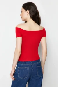 TRENDYOLMİLLA 2 Sets Paket Navy Blue Striped-Rejection Plain Carmen Collar Crop Flexible Knitting Blouse - Image 5