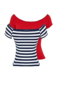 TRENDYOLMİLLA 2 Sets Paket Navy Blue Striped-Rejection Plain Carmen Collar Crop Flexible Knitting Blouse - Image 6