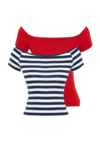 TRENDYOLMİLLA 2 Sets Paket Navy Blue Striped-Rejection Plain Carmen Collar Crop Flexible Knitting Blouse - Image 7
