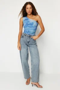 TRENDYOLMİLLA Navy Blue Abstract Drape Detailed One Shoulder Fitted Tulle Flexible Knitting Blouse - Image 2