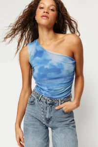 TRENDYOLMİLLA Navy Blue Abstract Drape Detailed One Shoulder Fitted Tulle Flexible Knitting Blouse - Image 3