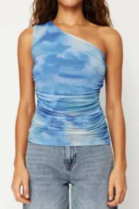 TRENDYOLMİLLA Navy Blue Abstract Drape Detailed One Shoulder Fitted Tulle Flexible Knitting Blouse - Image 5