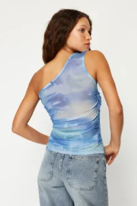 TRENDYOLMİLLA Navy Blue Abstract Drape Detailed One Shoulder Fitted Tulle Flexible Knitting Blouse - Image 6