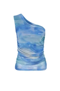 TRENDYOLMİLLA Navy Blue Abstract Drape Detailed One Shoulder Fitted Tulle Flexible Knitting Blouse - Image 7