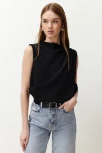 TRENDYOLMİLLA Black Ruffle Detailed Crew Neck Sleeveless Weaving Blouse - Image 3