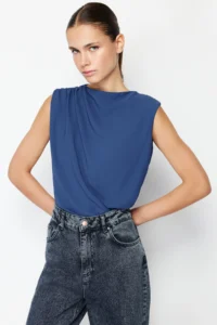 TRENDYOLMİLLA Navy Blue Ruffle Detailed Crew Neck Sleeveless Weaving Blouse - Image 2