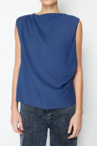 TRENDYOLMİLLA Navy Blue Ruffle Detailed Crew Neck Sleeveless Weaving Blouse - Image 5