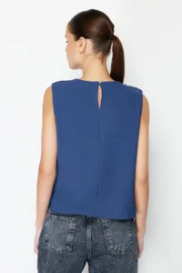 TRENDYOLMİLLA Navy Blue Ruffle Detailed Crew Neck Sleeveless Weaving Blouse - Image 6