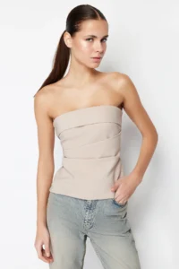 TRENDYOLMİLLA Mink Strapless Fitted Drapeli Weaving Blouse - Image 2