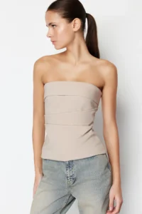 TRENDYOLMİLLA Mink Strapless Fitted Drapeli Weaving Blouse - Image 3