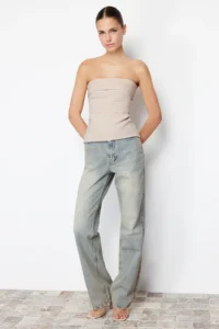 TRENDYOLMİLLA Mink Strapless Fitted Drapeli Weaving Blouse - Image 4