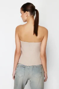 TRENDYOLMİLLA Mink Strapless Fitted Drapeli Weaving Blouse - Image 7