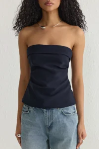 TRENDYOLMİLLA Dark Navy Strapless Fitted Drapeli Weaving  Weaving Blouse - Image 4