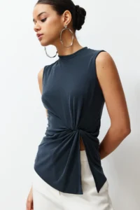 TRENDYOLMİLLA Anthracite More Sustainable Modal Content Dog collar Gathering and Slit Detailed Knitting Blouse