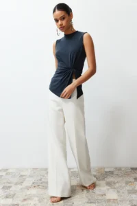 TRENDYOLMİLLA Anthracite More Sustainable Modal Content Dog collar Gathering and Slit Detailed Knitting Blouse - Image 2