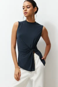 TRENDYOLMİLLA Anthracite More Sustainable Modal Content Dog collar Gathering and Slit Detailed Knitting Blouse - Image 3