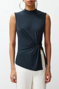 TRENDYOLMİLLA Anthracite More Sustainable Modal Content Dog collar Gathering and Slit Detailed Knitting Blouse - Image 4