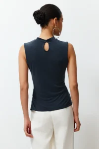 TRENDYOLMİLLA Anthracite More Sustainable Modal Content Dog collar Gathering and Slit Detailed Knitting Blouse - Image 6