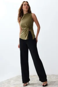 TRENDYOLMİLLA Green More Sustainable Modal Content Dog collar Gathering and Slit Detailed Knitting Blouse - Image 2