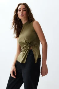 TRENDYOLMİLLA Green More Sustainable Modal Content Dog collar Gathering and Slit Detailed Knitting Blouse - Image 3