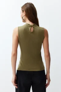 TRENDYOLMİLLA Green More Sustainable Modal Content Dog collar Gathering and Slit Detailed Knitting Blouse - Image 6