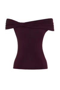 TRENDYOLMİLLA Plum Carmen Collar Fitted Flexible Crop Knitting Madonna Collar Blouse - Image 7