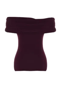 TRENDYOLMİLLA Plum Carmen Collar Fitted Flexible Crop Knitting Madonna Collar Blouse - Image 8