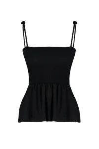 TRENDYOLMİLLA Black Cotton Poplin Detailed Fitted Sleeveless Gipelli Flexible Knitting Blouse - Image 7