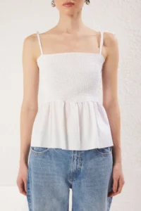 TRENDYOLMİLLA Ecru Cotton Poplin Fitted Detailed Sleeveless Gipelli Flexible Knitting Blouse - Image 3