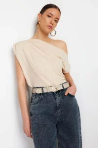 TRENDYOLMİLLA Stone Regular/Normal Pattern Asymmetric Collar Zero Sleeve Flexible Knitting Blouse
